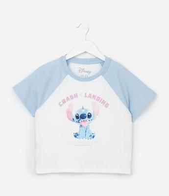 Camiseta Infantil com Cava Raglan e Estampa Stitch - Tam 5 a 14 Anos