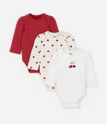 Kit 03 Bodies com Estampa Coração e Cerejas - Tam RN a 18 meses