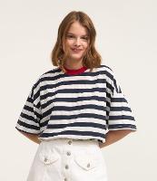 Camiseta Oversized em Algodão com Gola Contrastante e Listras - 1