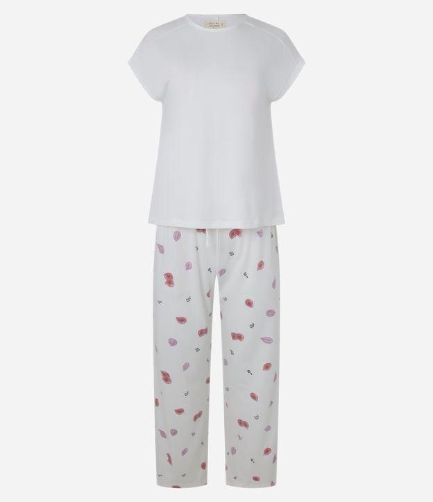 Pijama em Tricô Leve com Estampa de Figos e Detalhes de Cetim - 1