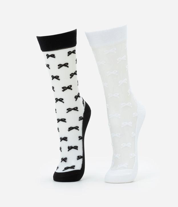 Kit 02 Meias Cano Alto com Transparência e Textura de Lacinhos - 1