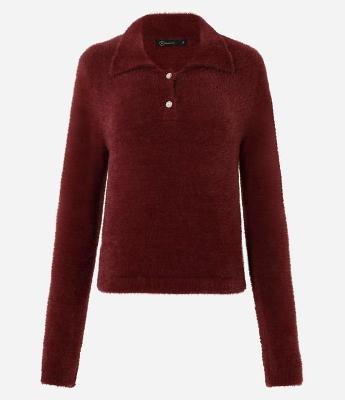 Casaco Peluciado em Tricô com Gola Polo