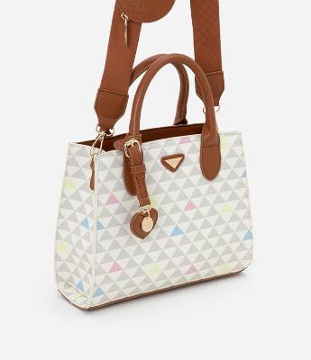 Bolsa Satchel Pequena em PU com Porta Moedas e Estampa Triângulos
