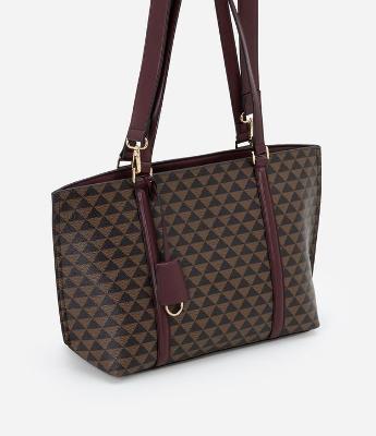 Bolsa Grande em PU com Alças Diversas e Estampa Triângulos