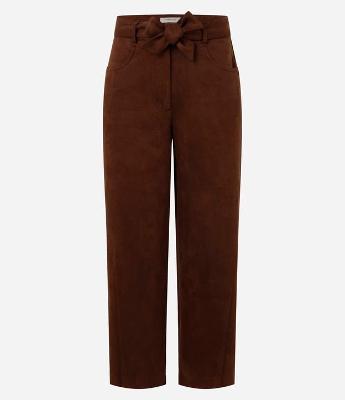 Calça Reta Cintura Alta em Suede com Cinto de Tecido