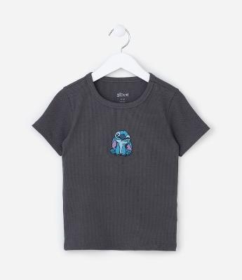 Camiseta Infantil Canelada com Bordado Stitch - Tam 5 a 14 Anos