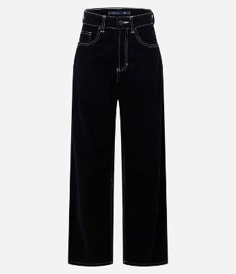 Calça Reta em Sarja com Costura Contrastante