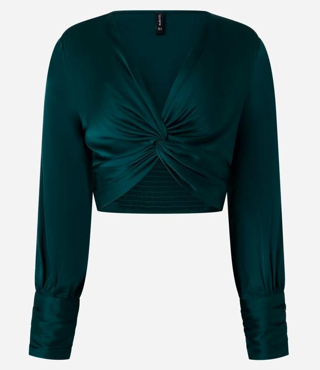 Blusa Cropped Acetinada com Nó Frontal e Punhos Drapeados - 1