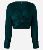 Blusa Cropped Acetinada com Nó Frontal e Punhos Drapeados - 1