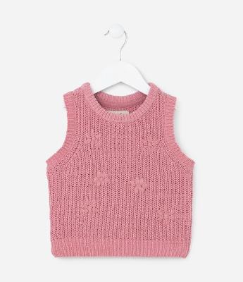 Colete Infantil em Tricô com Textura de Florzinhas - Tam1 a 5 Anos