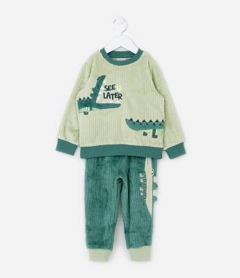 Pijama Infantil em Fleece com Bordado Interativo de Jacaré - Tam 1 a 4 Anos