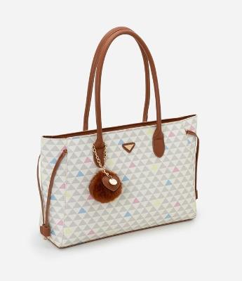 Bolsa Shopper em PU com Pompom e Estampa Triângulos