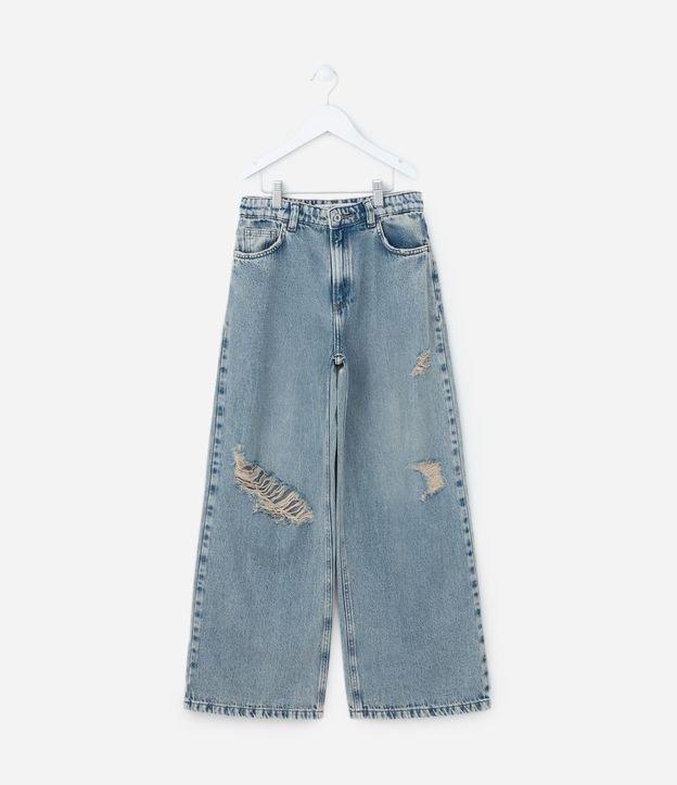 Calça Wide Leg Infantil em Jeans Dirty com Puídos - Tam 5 a 14 Anos - 1