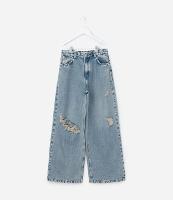 Calça Wide Leg Infantil em Jeans Dirty com Puídos - Tam 5 a 14 Anos - 1