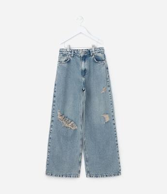 Calça Wide Leg Infantil em Jeans Dirty com Puídos - Tam 5 a 14 Anos