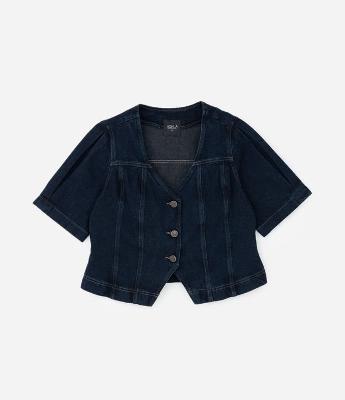 Camisa em Jeans Amaciado com Decote V Curve & Plus Size