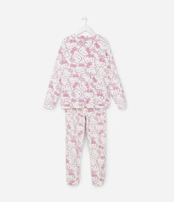 Pijama Infantil em Plush com Estampa Hello Kitty - Tam 4 a 14 Anos