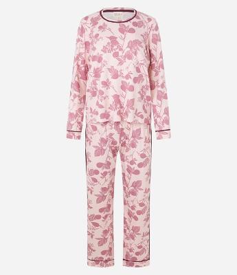 Pijama Longo em Viscose com Estampa de Figos e Viés Contrastante