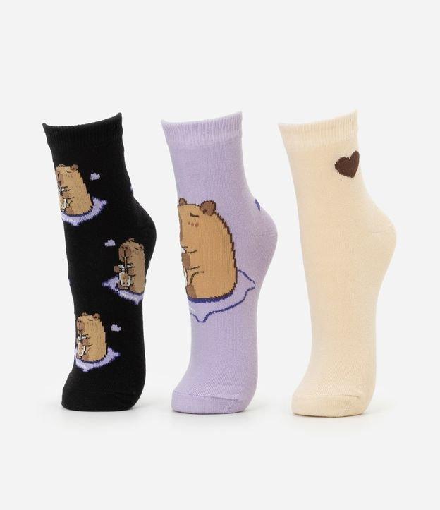 Kit 03 Meias Cano Médio em Algodão com Estampa de Capivaras e Milkshake - 1