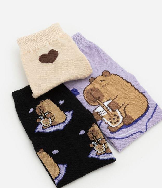 Kit 03 Meias Cano Médio em Algodão com Estampa de Capivaras e Milkshake - 2