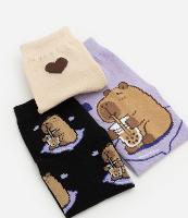 Kit 03 Meias Cano Médio em Algodão com Estampa de Capivaras e Milkshake - 2