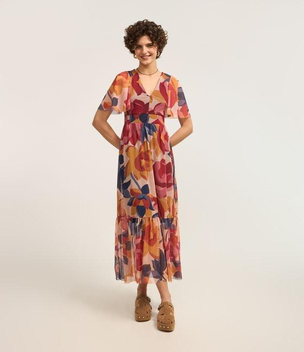Vestido Evasê Longo em Tule com Estampa Floral - 2