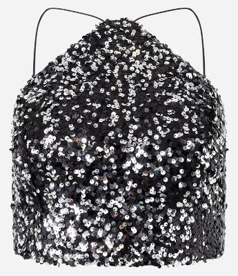 Blusa Cropped em Paetê com Base em Veludo e Decote Halter