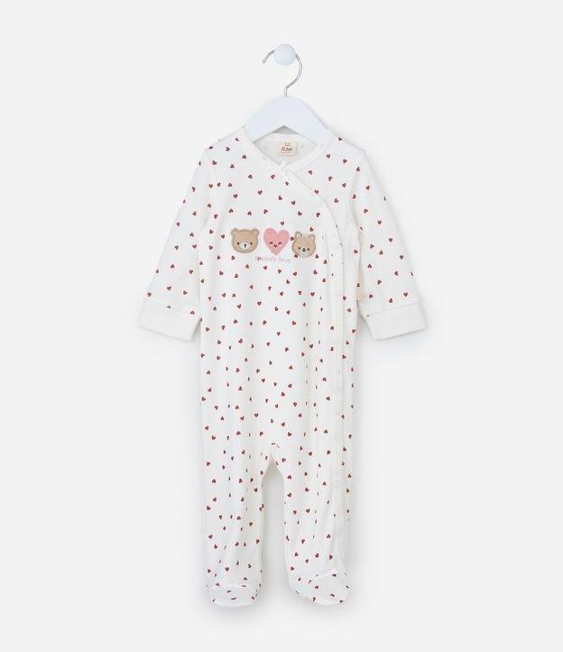 Macacão Infantil em Suedine com Estampa de Corações e Pézinho Fechado - Tam 0 a 18 meses - 1