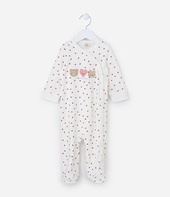 Macacão Infantil em Suedine com Estampa de Corações e Pézinho Fechado - Tam 0 a 18 meses