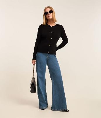 Cardigan Básico em Tricô Canelado com Botões Metalizados