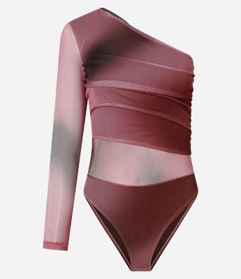 Body em Tule com Um Ombro Só e Estampa Abstrata