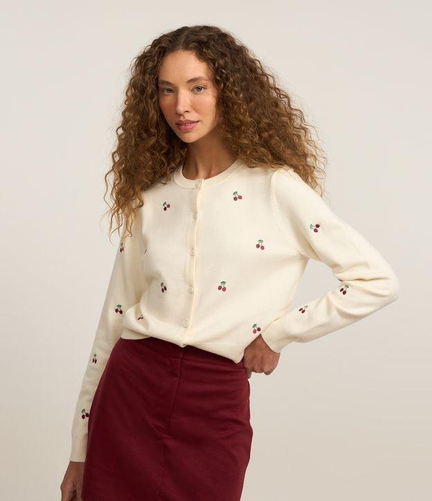 Cardigan Curto em Tricô com Bordado de Cerejinhas - 1