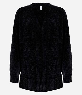 Cardigan Alongado em Chenille Canelado com Bolsos Frontais