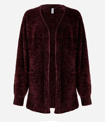 Cardigan Alongado em Chenille Canelado com Bolsos Frontais