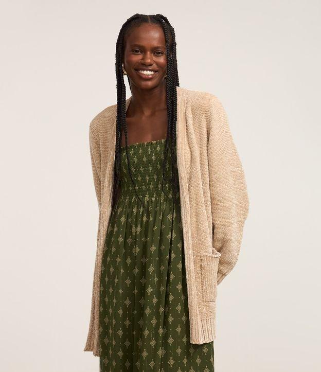 Cardigan Alongado em Chenille Canelado com Bolsos Frontais - 2