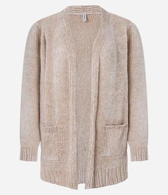 Cardigan Alongado em Chenille Canelado com Bolsos Frontais