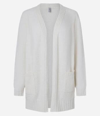 Cardigan Alongado em Chenille Canelado com Bolsos Frontais