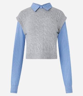 Blusa com Colete de Tricô Sobreposto em Mix de Pontos