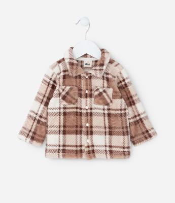 Jaqueta Infantil em Fleece com Estampa Xadrez e Bolsinhos - Tam 3 a 18 meses