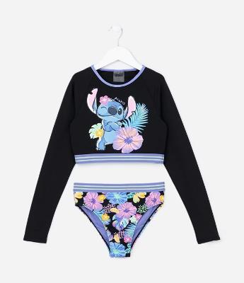 Biquíni Infantil com Estampa Stitch e Proteção UV - Tam  5 a 14 Anos
