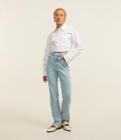 Calça Reta Elastizada em Jeans com Cintura Alta e Efeito Marmorizado - 1