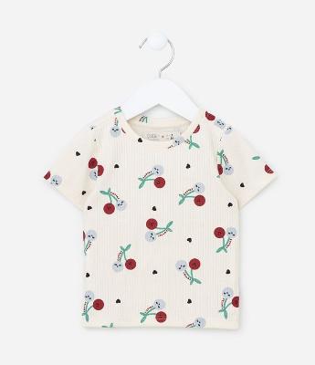Blusa Infantil Canelada com Estampa Cerejinhas - Tam 1 a 6 Anos
