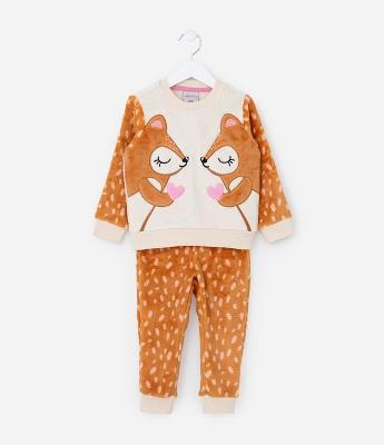 Pijama Infantil em Fleece com Bordado Raposinhas - Tam 2 a 4 Anos