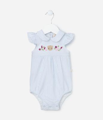 Body Infantil com Bordado e Estampa de Listras - Tam 0 a 18 meses