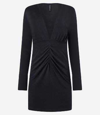 Vestido Curto em Ribana com Manga Longa e Franzido Frontal