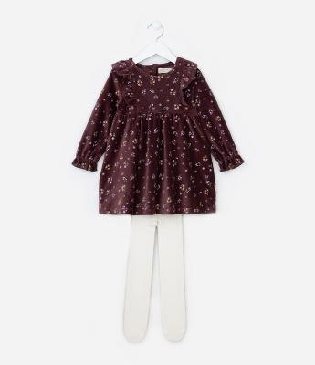 Vestido Infantil em Veludo com Estampa Floral - Tam 1 a 5 Anos