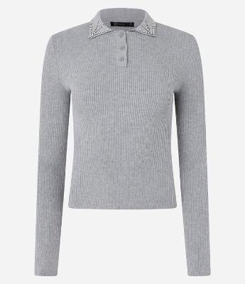 Blusa em Tricô com Pedrarias de Strass na Gola Polo