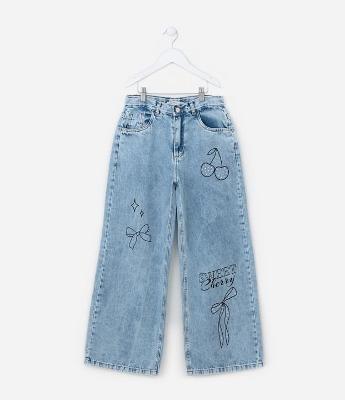 Calça Wide Leg Infantil com Estampa Laços e Cerejas - Tam 5 a 14 Anos