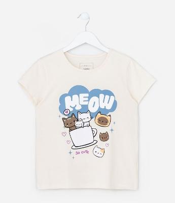 Camiseta Infantil com Estampa Gatinhos na Xícara - Tam 5 a 14 Anos