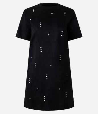 Vestido Reto T-Shirt em Suede com Pedrarias de Strass